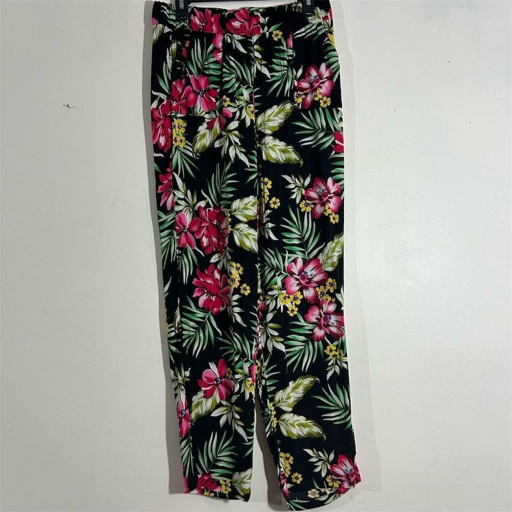 Signature Collection Floral Pants Womens 28 Black Pink Tropical Elastic Waist